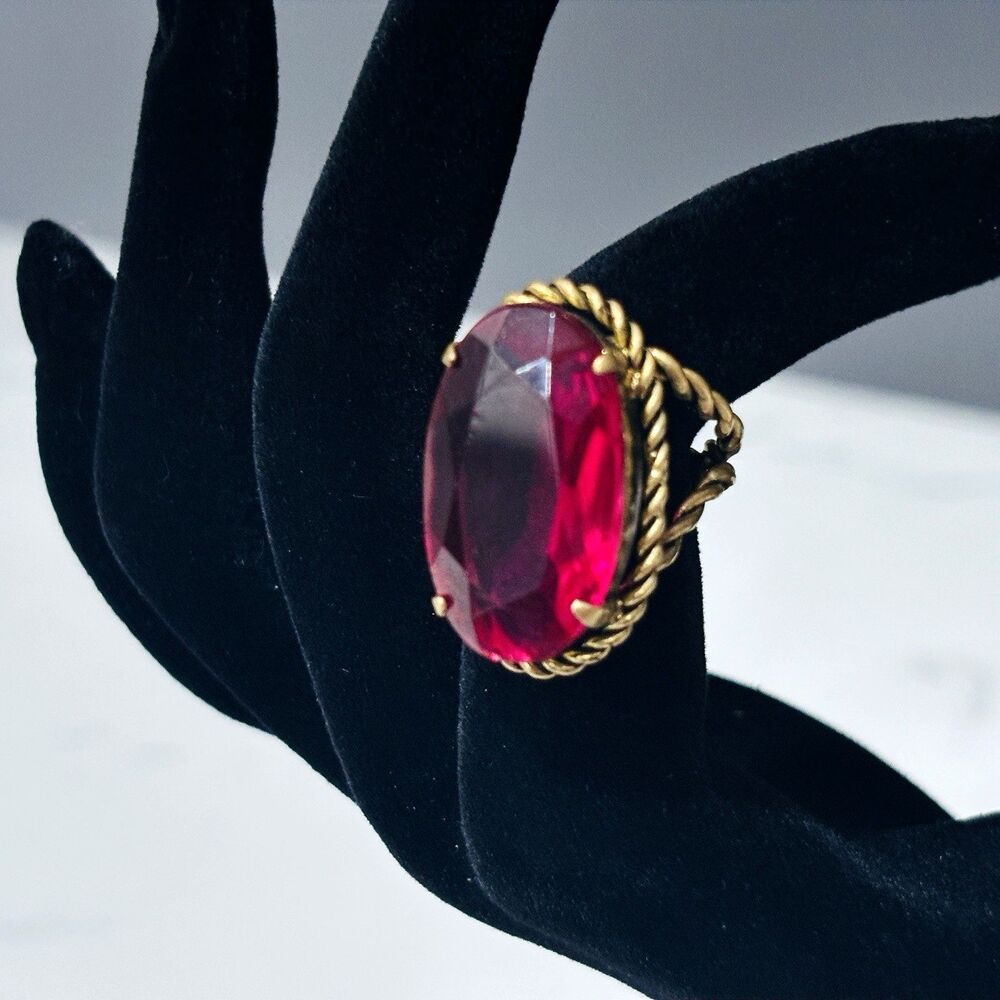 Vintage Czechoslovakia Ring Pink Glass Gold Tone Statement Adjustable